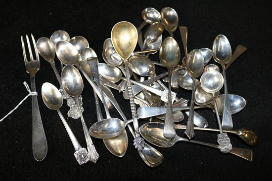 Collection of various silver tea, coffee & condiment spoons, pickle fork and a swizzle stick